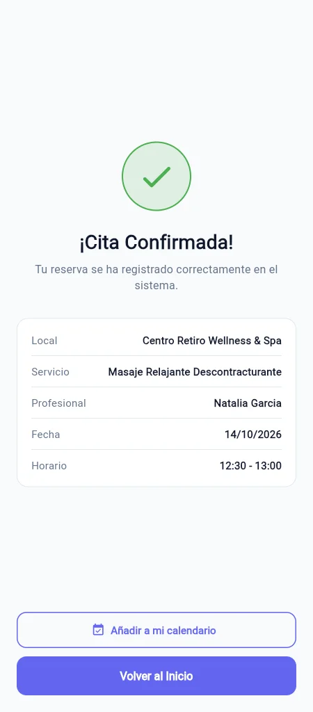 Pantalla de cita confirmada con local, servicio, profesional, fecha y horario
