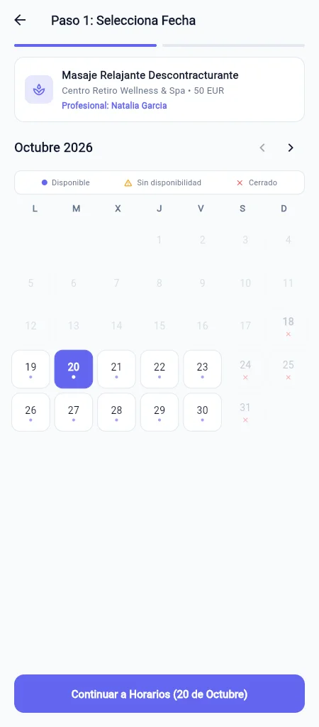 Calendario de la app con días disponibles y días cerrados