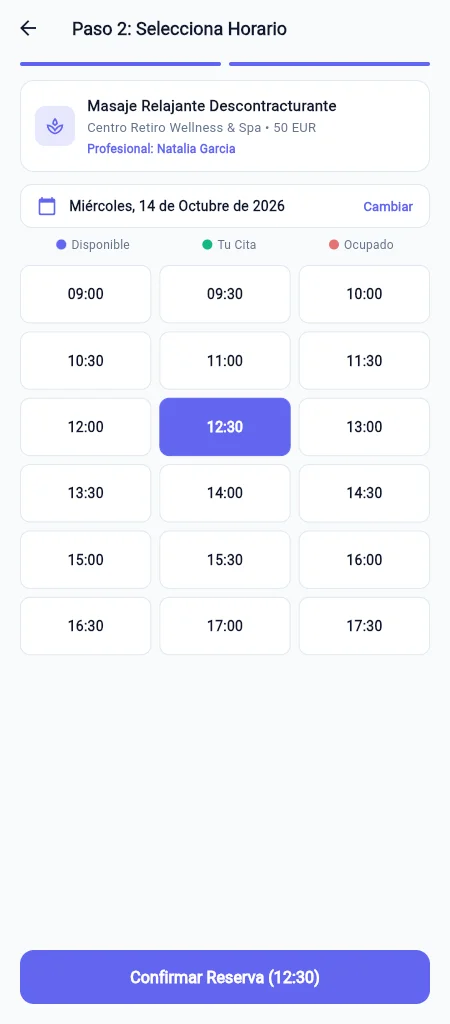 Selección de horario en la app con franjas disponibles y ocupadas