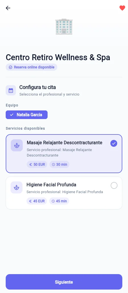Ficha de un negocio en la app con equipo, servicios, precios y duración