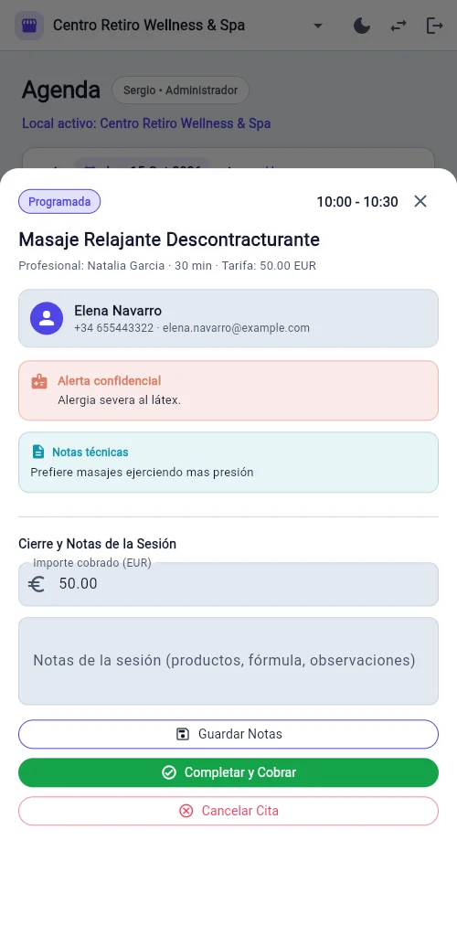 Detalle de cita con notas técnicas, alertas confidenciales del cliente e importe