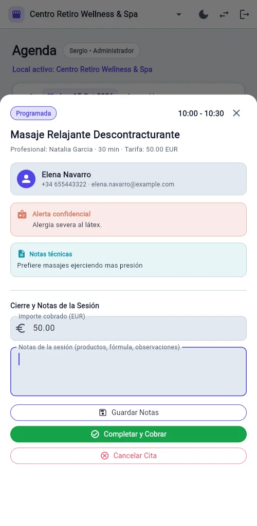 Pantalla de cobro y registro de notas de la sesión en Agéndala Staff