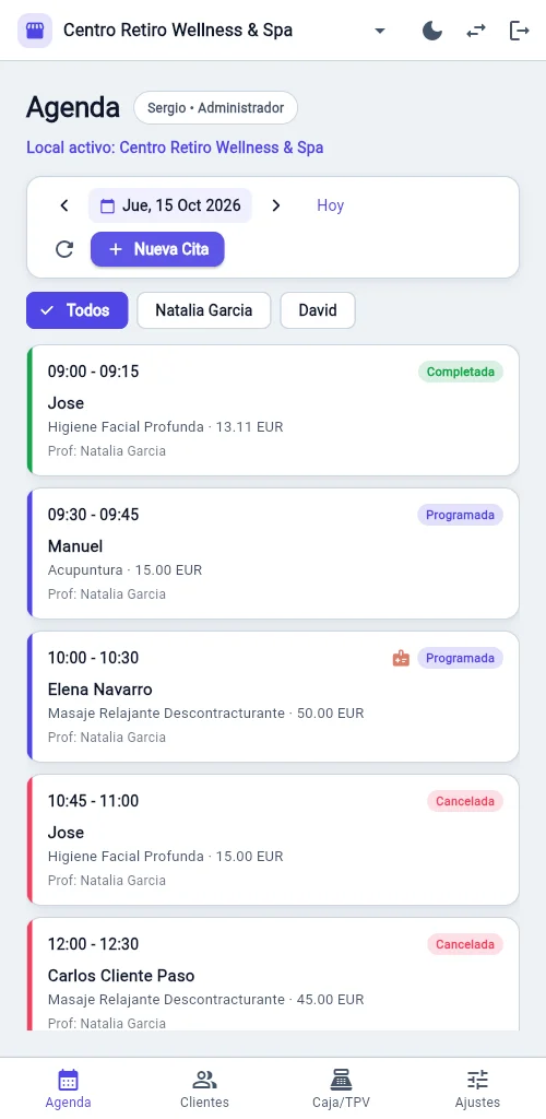 Vista de agenda diaria en Agéndala Staff con lista de citas y estados en tiempo real