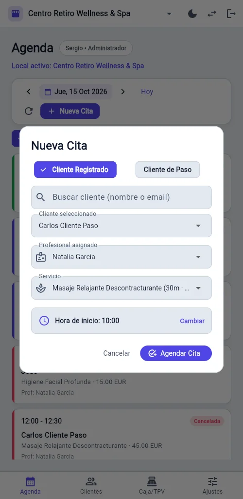 Modal de nueva cita rápida para clientes registrados o de paso con selector de servicio y hora