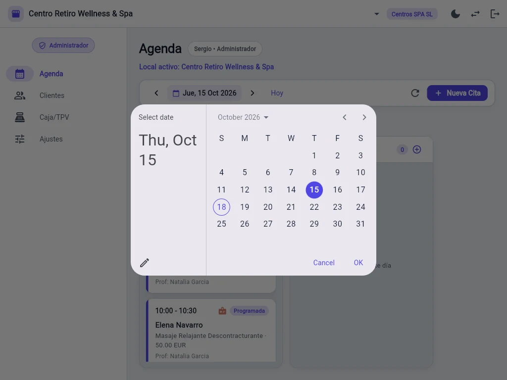 Selector interactivo de fecha y filtros de agenda en tablet para agilizar la navegación en mostrador