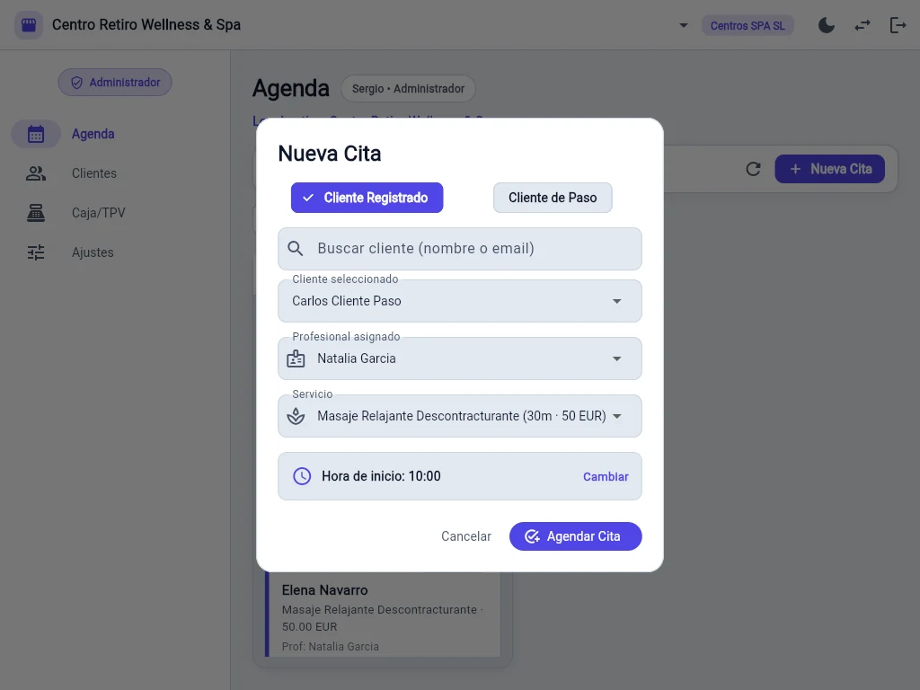Modal de nueva cita rápida en tablet para clientes de recepción o paso